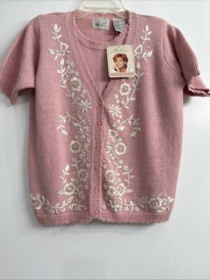 Vtg 90s Grandmacore Pink Sweater Embroidered Floral Cottagecore XS Sz XS NWT