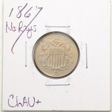 1867 No Rays 5C Shield Nickel in Choice AU+ Condition #6069