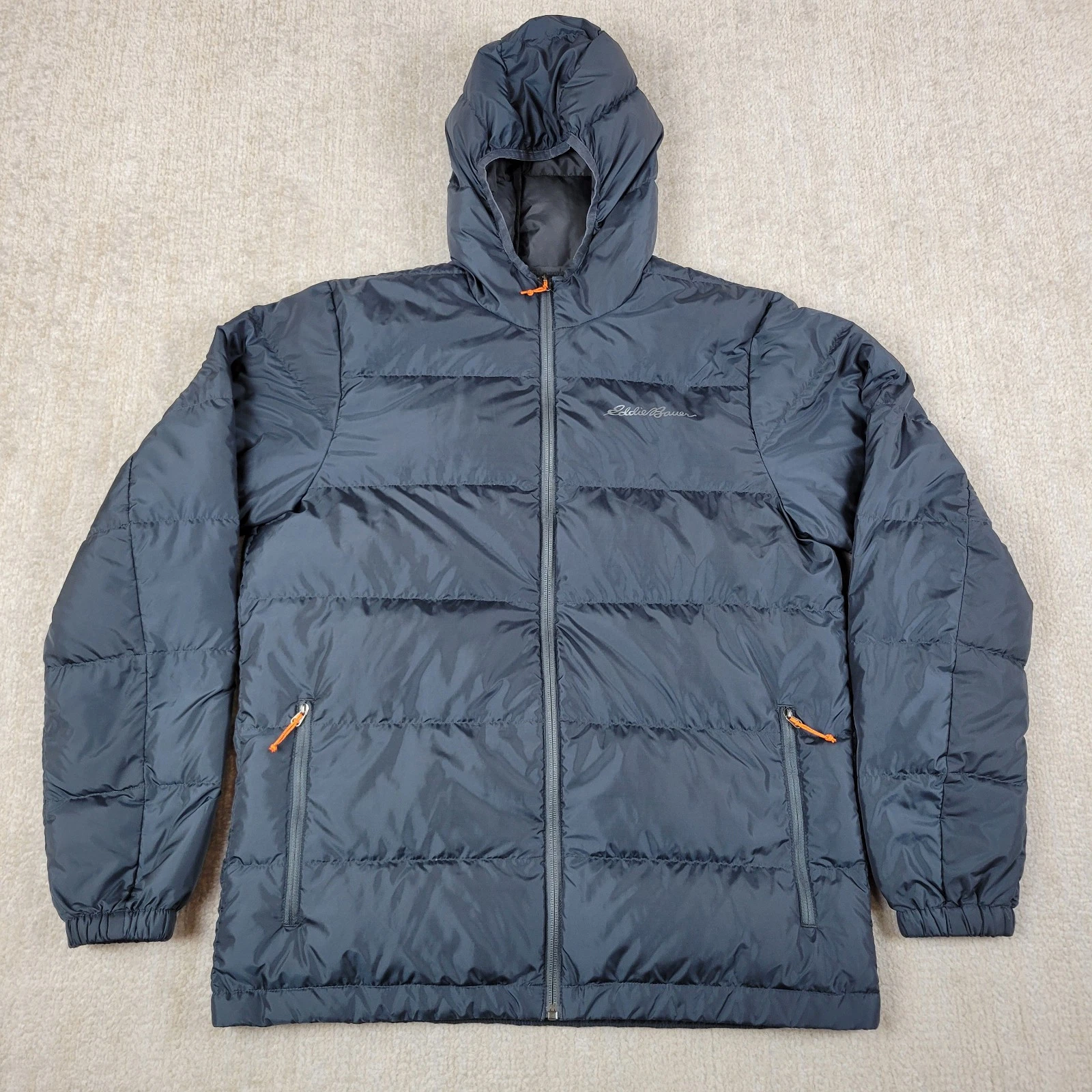 Eddie Bauer Down Puffer Jacket Mens M Gray Full Zip Hooded Quilted Packable 650
