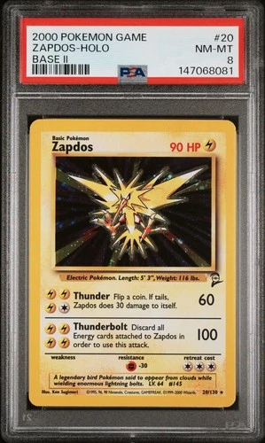 2000 POKEMON BASE SET 2 #20 ZAPDOS-HOLO PSA 8 NM-MT
