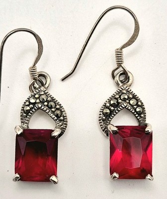 Vintage Sterlingsilber im Labor gezüchtete Rubin & Markasiten Ohrringe signiert Charles Winston