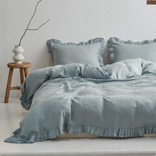 Ruffle Linen Bedding in Dusty Blue, Soft Dark Duvet Cover Set with Pillowcase