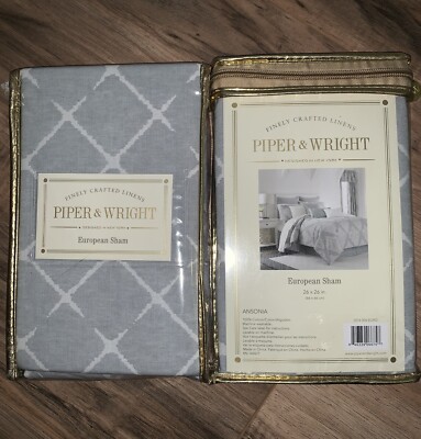 (2) Piper & Wright Ansonia Euro Shams Lattice Crochet Trim Gray White Farmhouse
