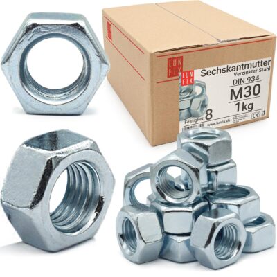 Lun Fix Sechskantmutter M30 | DIN 934 | 1kg Verzinkt Hex Mutter | Festigkeit 8