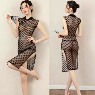 Women Sexy See-Through Lingerie Chinese Cheongsam Dress Transparent  Nightwear