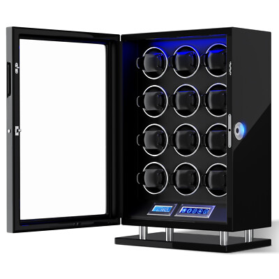 Fingerprint Unlock Automatic 12 Watch Winder Box Case LED Light Remote Control