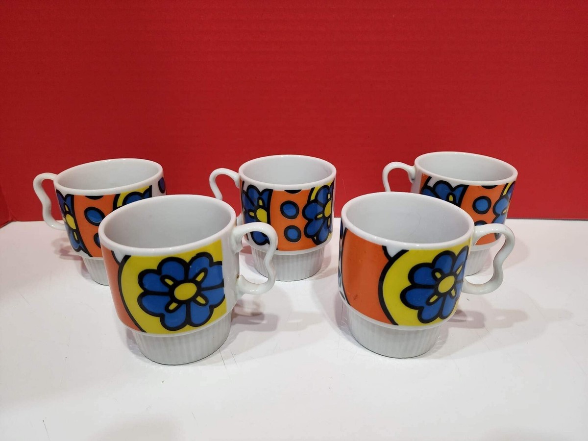 Vintage mid century 60's Groovy Floral Coffee Mug Set of 5 made in