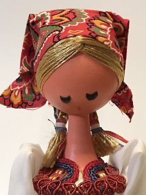 Vintage Doll from Yugoslavia made of  Wood, Red Handkerchief