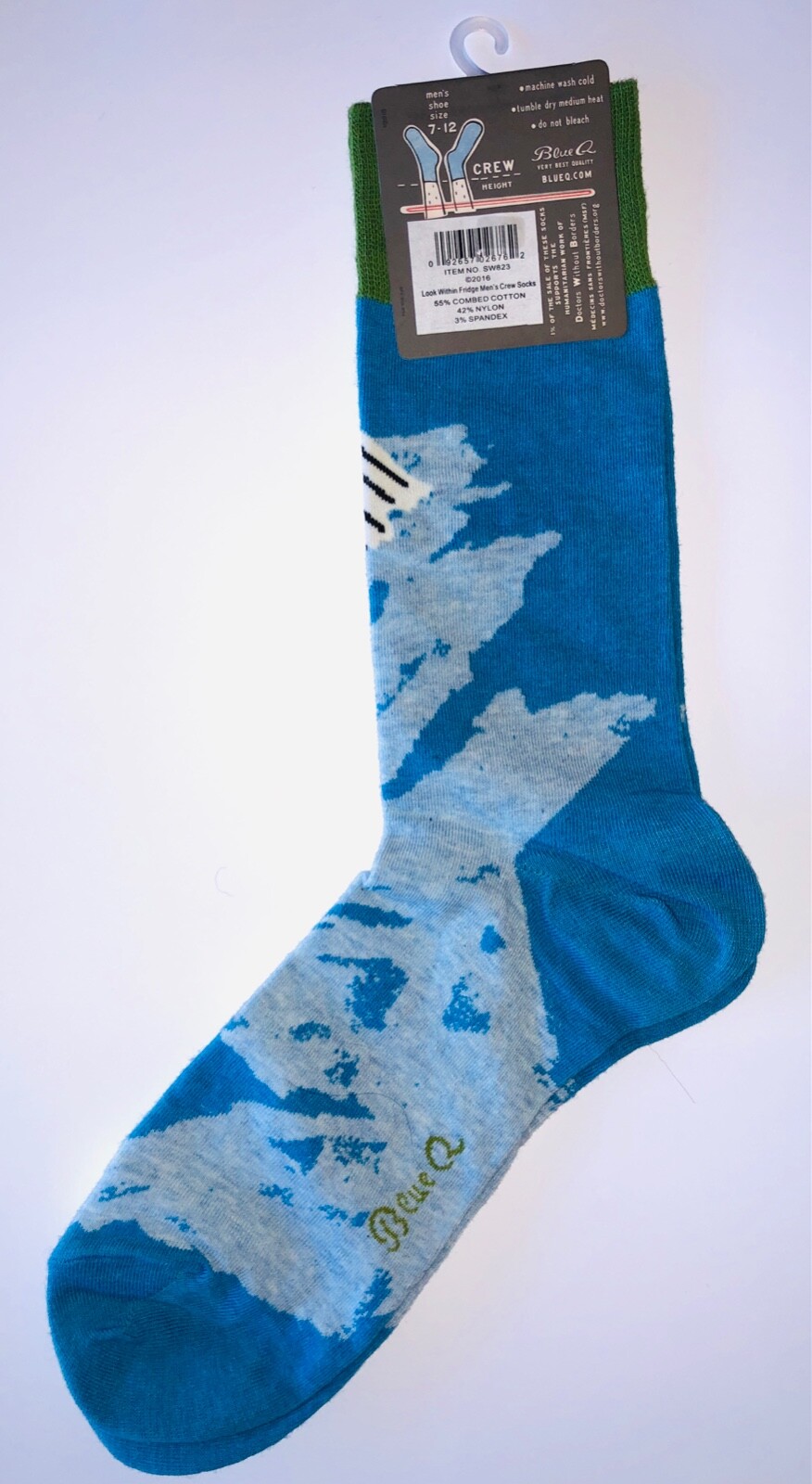 Blue Q Men's Crew Socks, sky blue color, 'Look within, the fridge' wording, New eBay