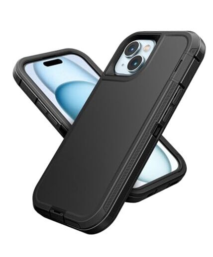 Case for iPhone 15 5G 6.1 inch, Heavy Duty Rugged Dual-Layer with Port Black