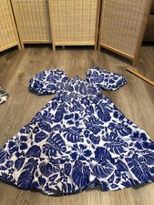 Lark and Grey Medium M Hawaiian Dress Blue and White Hibiscus Cotton (H461)