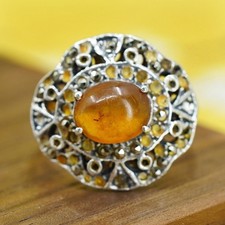 Size 9, vintage Sterling 925 silver filigree ring with oval Amber and marcasite