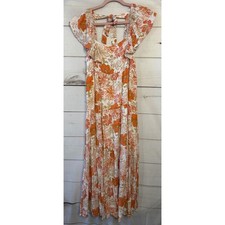 MINKPINK Maxi Dress Floral Print Orange White Flutter Sleeve Tiered Tie Back M