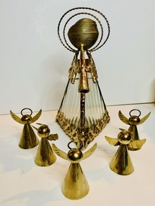 Vtg Brass Angel Candle Holder, 8.5” Tall w/5 Small Brass Angel Bells. Unique!