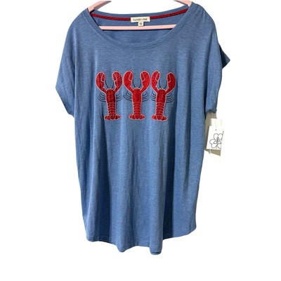 Clover + Pine Womens Blue Red Lobster Nautical T-Shirt Size XXL 2XL Top NWT