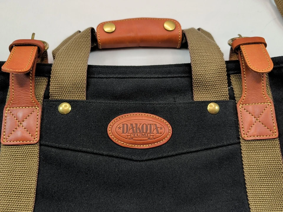 DAKOTA TUMI Authentic Black Canvas Tan Leather Shoulder Duffle Weekender Bag - Image 3 of 4