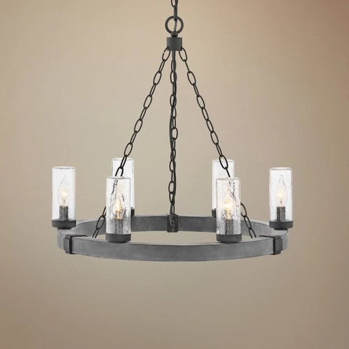 Hinkley Sawyer 24" Wide Aged Zinc Wagon Wheel Outdoor Chandelier - Picture 1 of 6