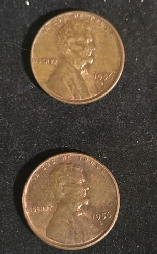 2x 1956 D Wheat Penny, Off Centernstrike, L In Liberty On Rim, AU, Toned Color,
