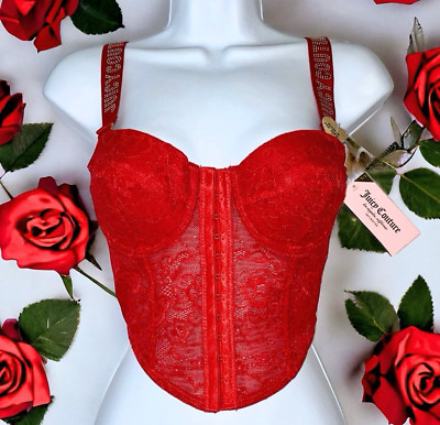 Juicy Couture Red Lace Sexy Bustier Convertible Removable Straps Bra Top 34B NWT