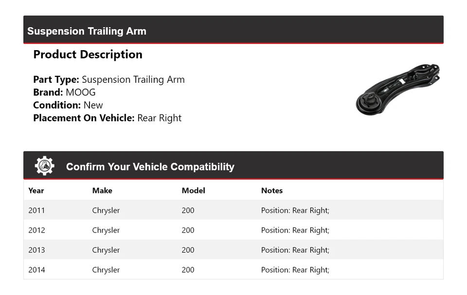 Brazo de suspensión trasero derecho MOOG 2011-2014 Chrysler 200 Foto 2 de 4