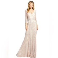 Mac Duggal Three Quarter Sleeve Embellished Formal Gown- NWT Nude/Platinum