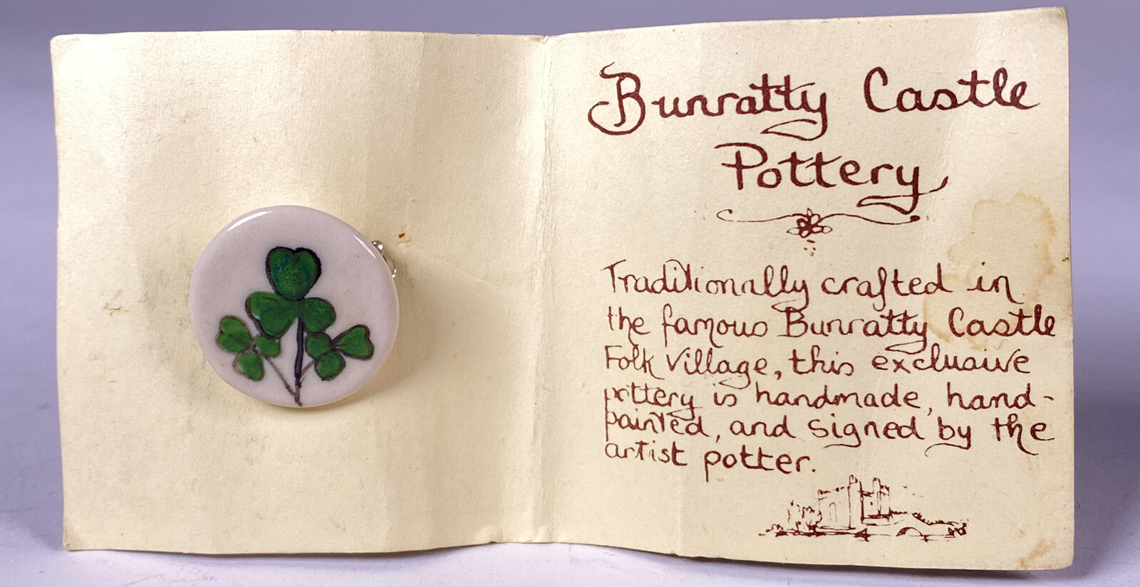 VTG Bunratty Castle Pottery Clover Pin Brooch NOS