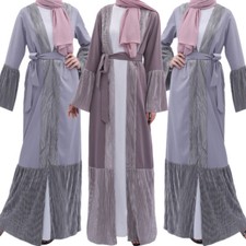 Ramadan Muslim Women Open Maxi Dress Dubai Abaya Kaftan Cardigan Kimono Robe