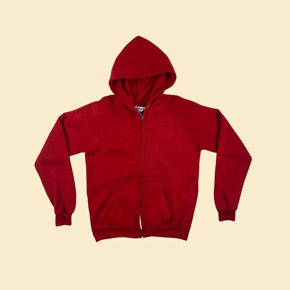 Sudadera con capucha roja vintage años 70/80 L de Action, chaqueta acrílica vintage años 70 con cremallera Foto 2 de 4