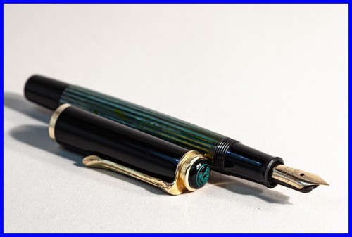 Vintage Pelikan 400 Piston Filler in Green Black Striped with F 585 Gold Nib