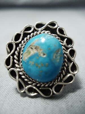 SPECIAL VINTAGE NAVAJO PILOT MOUNTAIN TURQUOISE STERLING SILVER RING OLD