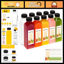 10 Pack 16oz Clear Plastic Juice Bottles with Caps  Labels  Reusable Beverage