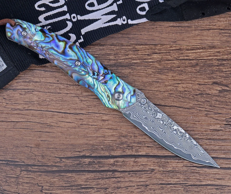 Cuchillo Plegable de Bolsillo de Acero Damasco Hecho a Mano Personalizado Vg-10 Mango de Abulón Natural Foto 2 de 4