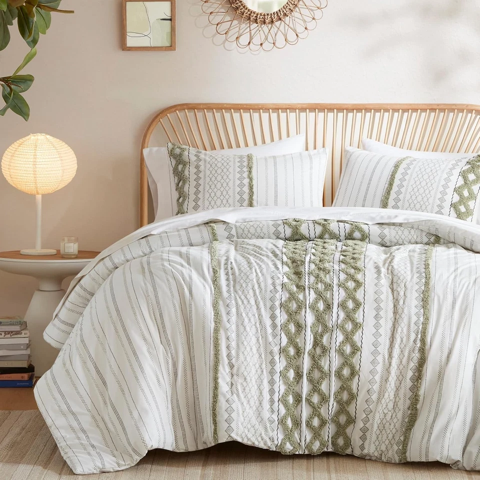 Lujoso Juego de Edredón King - Chenilla Verde Salvia Mechonada Boho Chic 3 Piezas Foto 3 de 4