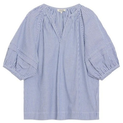 Albaray Organic Cotton Blue Stripe Notch Neck Blouse Top Size 10 Puff Sleeve