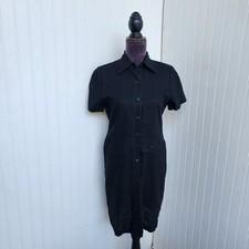 R & K Linen Blend Button Front Shirt Dress Collared Short Sleeve Black Petite 4P