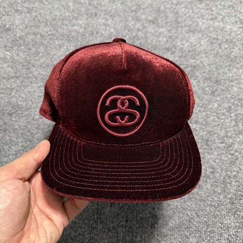 Stussy Velour StrapBack Hat Maroon Suede Embroidered Script Logo