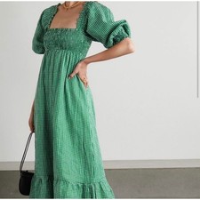 C8 Faithfull The Brand Green Gingham Linen Smocked Midi Dress Puff Sleeve Sz 6 M