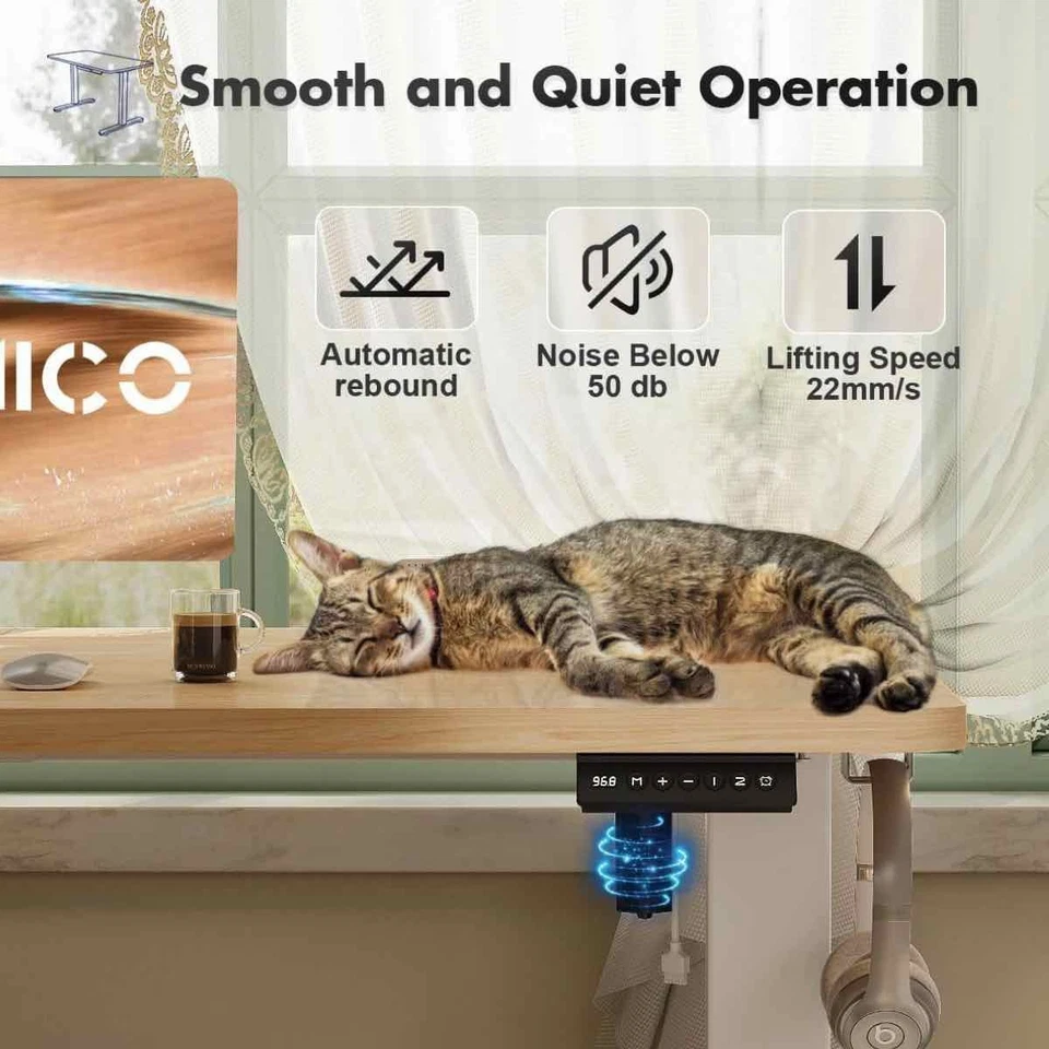 Höhenverstellbarer Schreibtisch Bürotisch 140cm USB-Anschluss Memory Alarm Beige - Bild 4 von 4