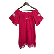 Mango Reef Womens 1X Pink Crinkle Gauze Embroidered Boho Tassel Tunic Dress