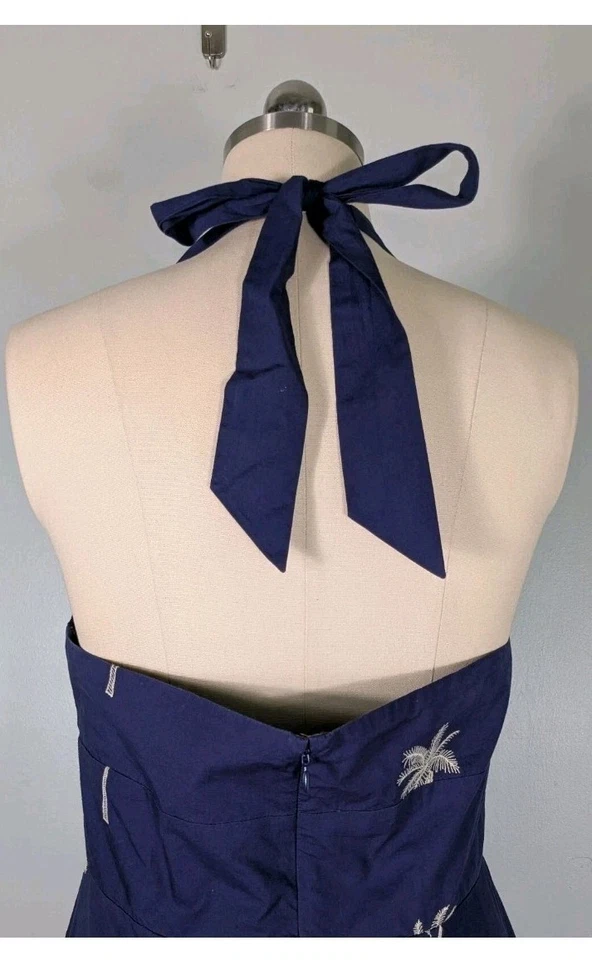 Maxi Vestido Vintage Tori Richard Algodón Azul Halter Bordado Blanco Árbol Talla 12 Foto 4 de 4