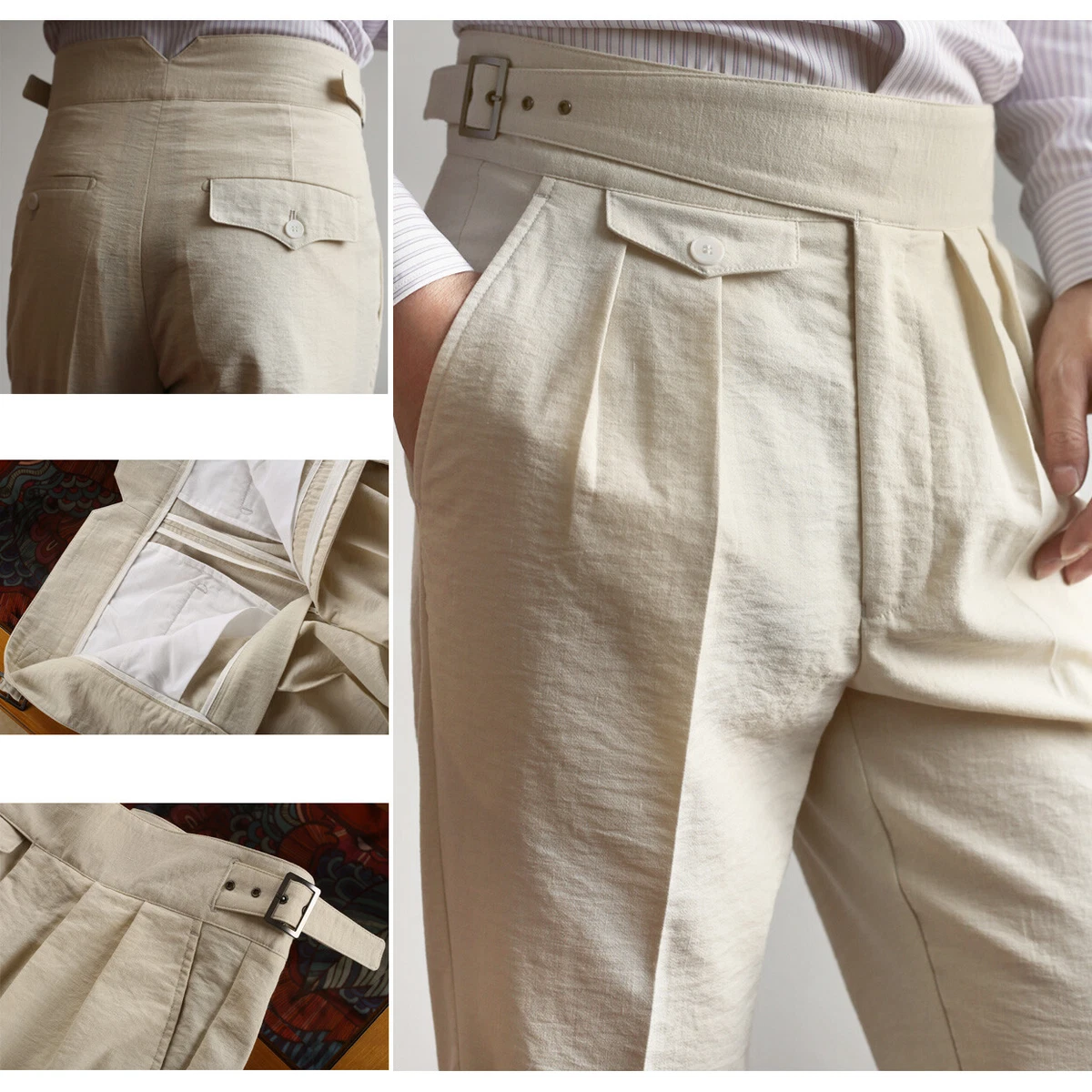 Summer Linen Retro Men s GURKHA Pants Casual Formal Trousers Straight High Waist