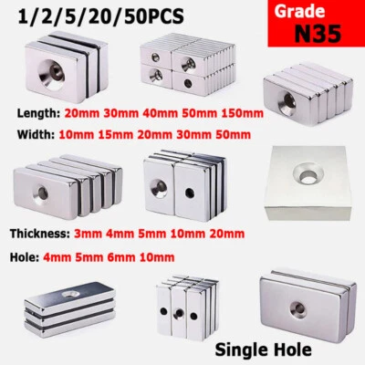N35 Countersunk Block Square Strong NdFeB Magnets Hole Rare Earth Various Sizes