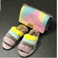 Women Real Fur Slides Slippers With Matching Bag