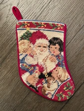 Vtg Mini Wool Needlepoint Christmas Santa Stocking Red Velvet Backing 8.5"x5
