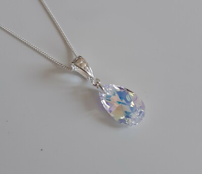 Brandneu 925 Sterlingsilber und Swarovski Kristall AB 16 mm Birnentropfen Halskette