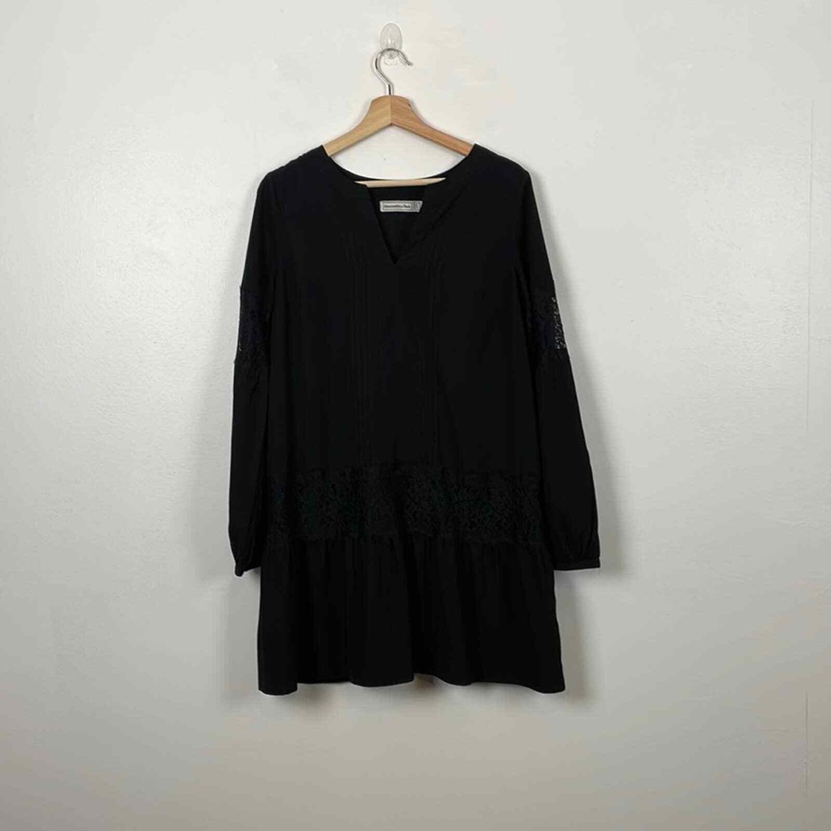 abercrombie black dress long sleeve Women's Long-Sleeve Mesh Asymmetrical Draped Maxi Dress in Black | Size XS TALL