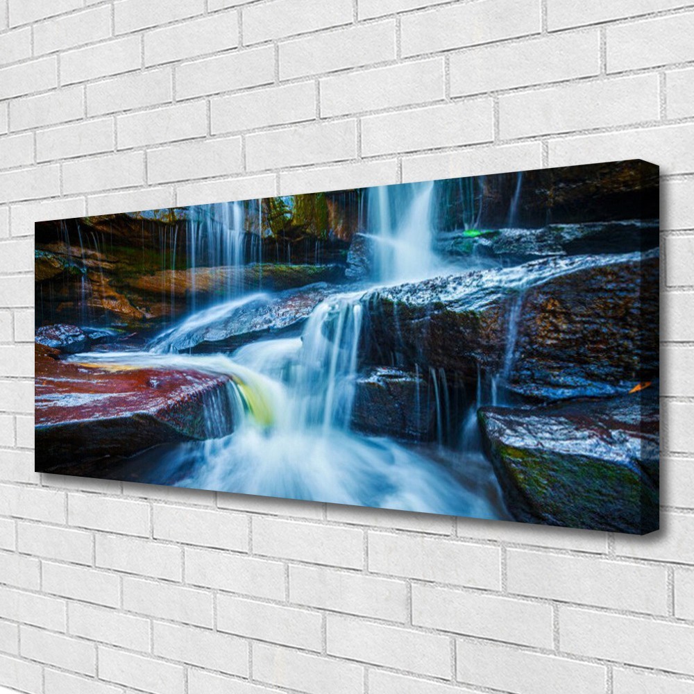 Impression sur toile paysage rochers cascade grand format tableau moderne panoramique 125x50