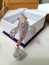 Rubelliten Fisch Brosche Sterling Silber funkelnd CZ Diamant Herren/Damen...