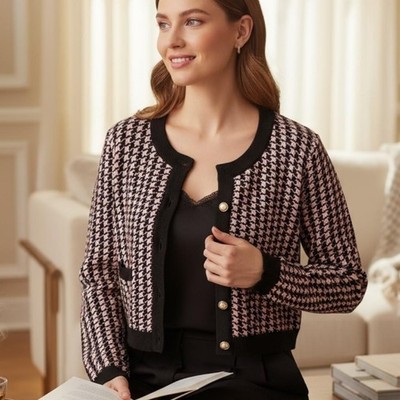 Majorelle Cardigan Sweater Womens Small Pink Houndstooth Cropped Pearl Buttons