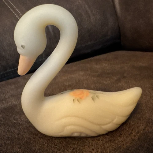 Fenton Glass Swan Satin Custard Chocolate Roses Hand Painted & Signed
